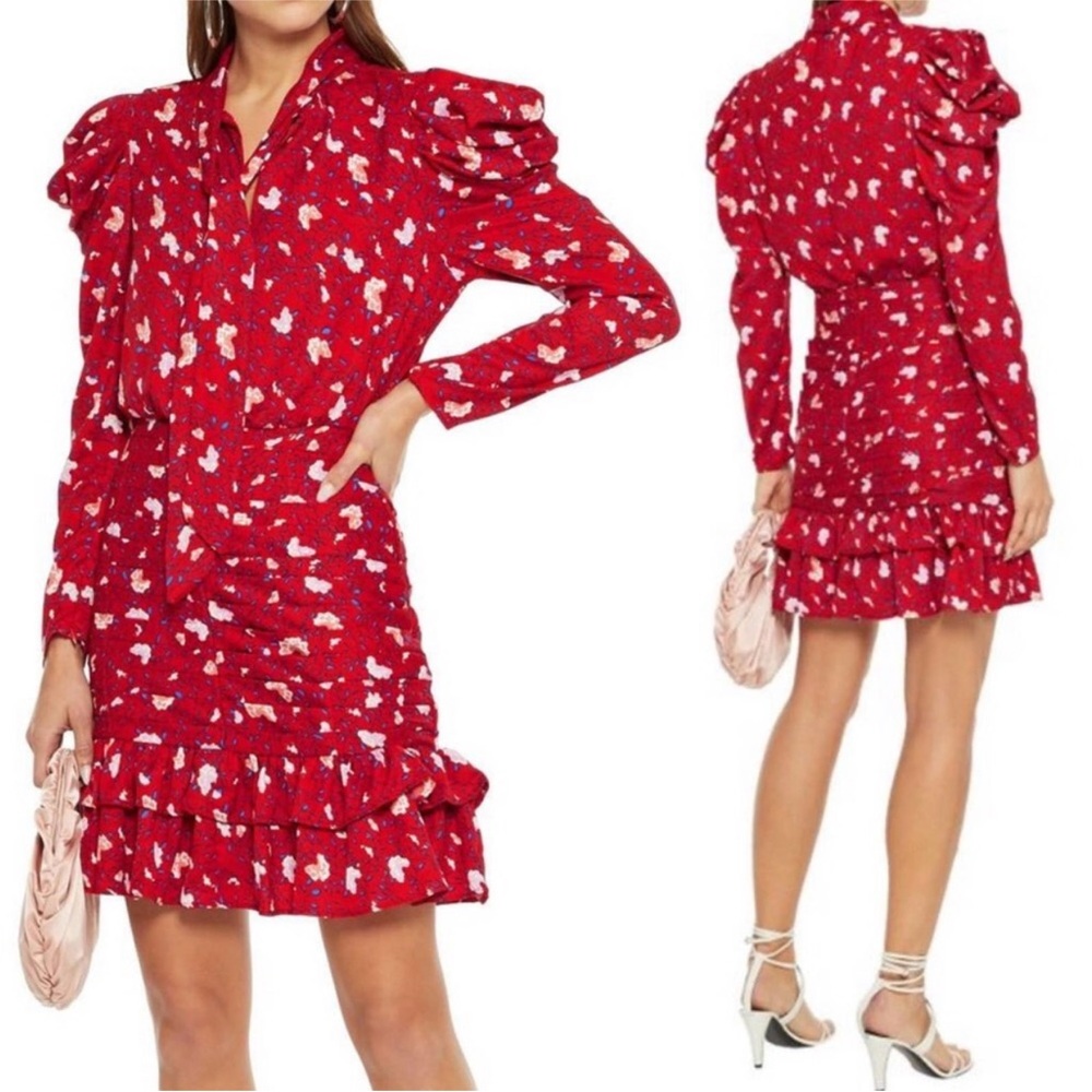Walter Baker Kiara Tie Neck Ruched Floral Red Dress